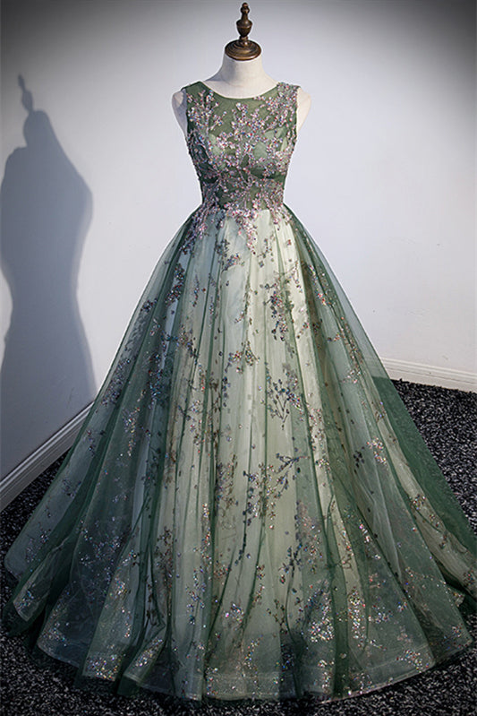 Round Sleeves A-Line Tulle Appliques Prom Dress