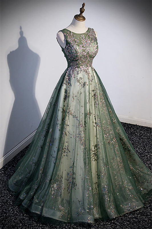 Round Sleeves A-Line Tulle Appliques Prom Dress