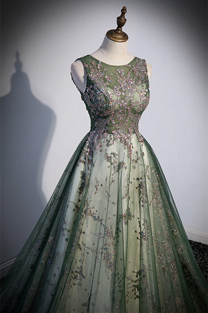 Round Sleeves A-Line Tulle Appliques Prom Dress