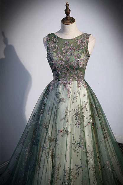 Round Sleeves A-Line Tulle Appliques Prom Dress