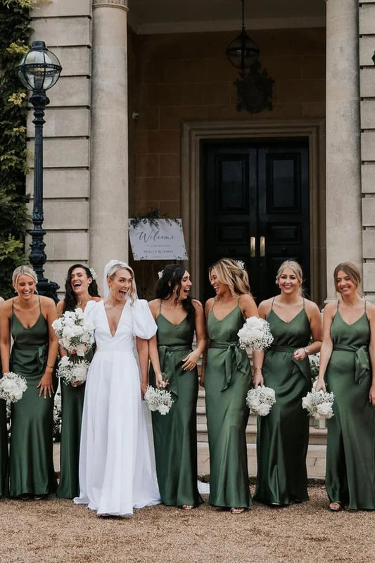 Green V-Neck Spaghetti Straps Floor-Length Bridesmaid Dress