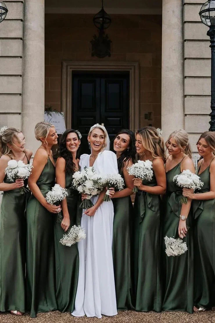 Green V-Neck Spaghetti Straps Floor-Length Bridesmaid Dress
