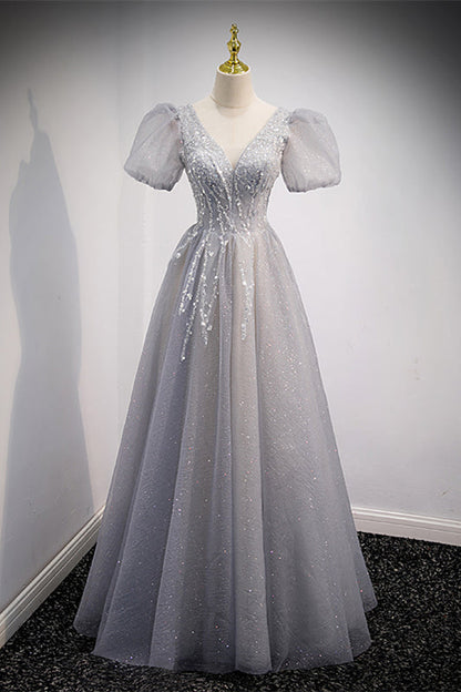 V-Neck Short Sleeves Appliques Floor-Length Party Evening Dress