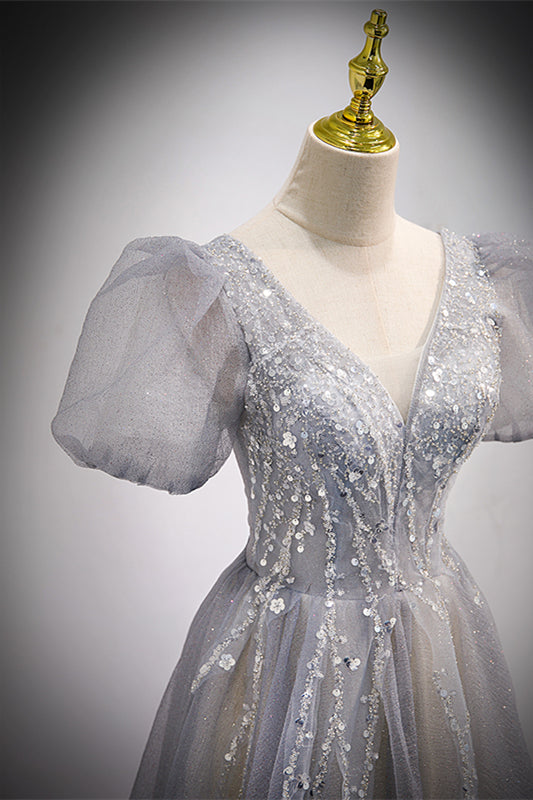 V-Neck Short Sleeves Appliques Floor-Length Party Evening Dress
