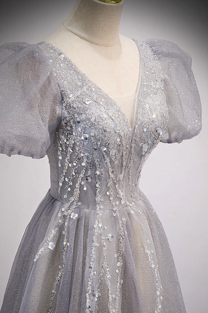 V-Neck Short Sleeves Appliques Floor-Length Party Evening Dress