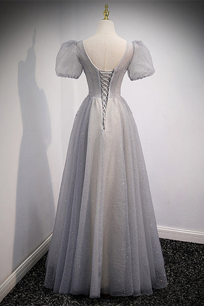 V-Neck Short Sleeves Appliques Floor-Length Party Evening Dress