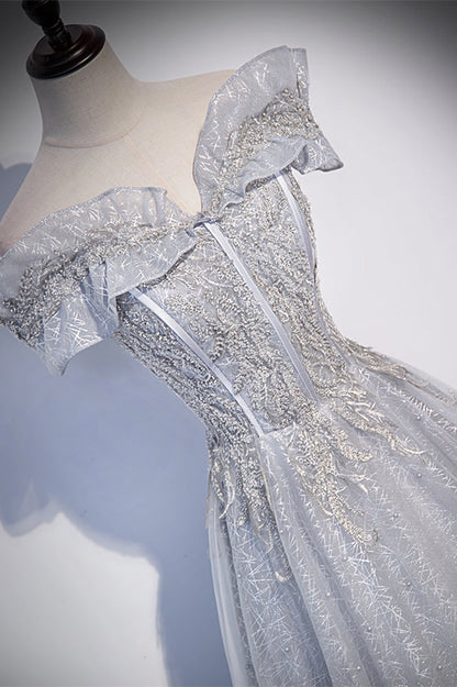Sparkly Tulle A-Line Ruffle Off-Shoulder Prom Party Dress