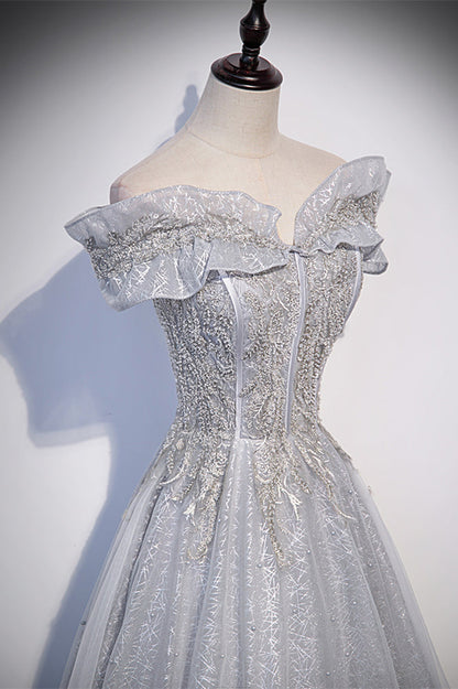 Sparkly Tulle A-Line Ruffle Off-Shoulder Prom Party Dress