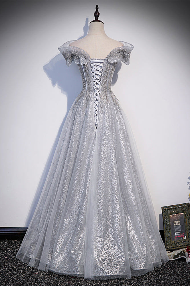 Sparkly Tulle A-Line Ruffle Off-Shoulder Prom Party Dress