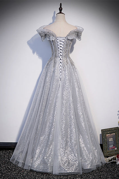 Sparkly Tulle A-Line Ruffle Off-Shoulder Prom Party Dress