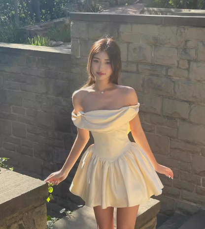 Cute A Line Off the Shoulder Ivory Satin Short Homecoming Dress Birthday Dress SH3025
