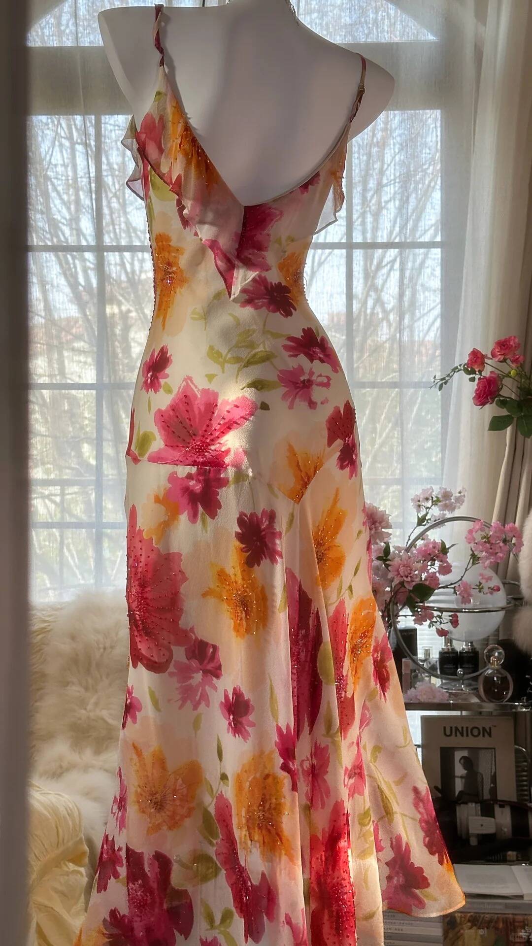 Flowy Mermaid Spaghetti Strap Print Flower Beaded Chiffon Party Dress SH3291