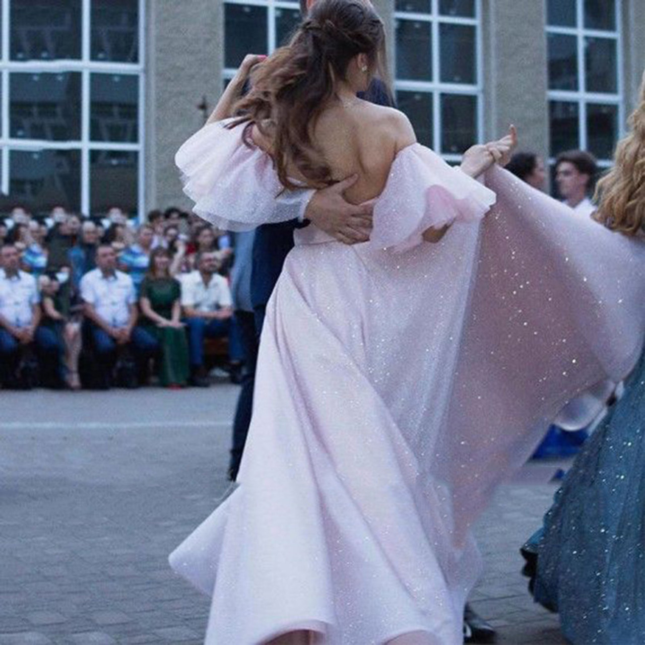 Pink Tulle Sequins Off the Shoulder Prom Dress With Split SH1263