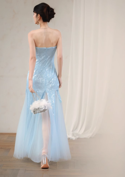 Blue Classy A Line Strapless Sequin Tulle Long Evening Dress Gown Dress SH3587