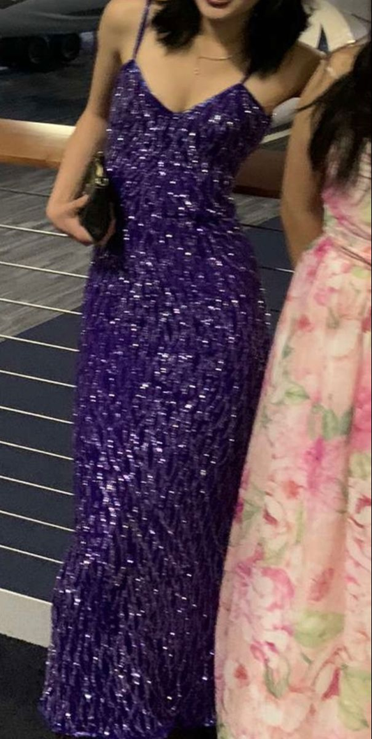 Sparkly Spaghetti Straps Purple Mermaid Wedding Guest Dress Sequin Long Party Dress D1512
