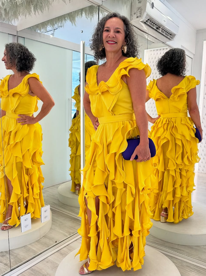 Yellow Sheath Strap Ruffle Satin Long Prom Dress Evening Dress SH2445