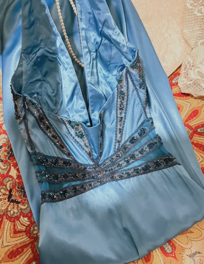 Sexy Blue Halter Satin Beaded V Neck Mermaid Long Party Dress Prom Dresses D2143