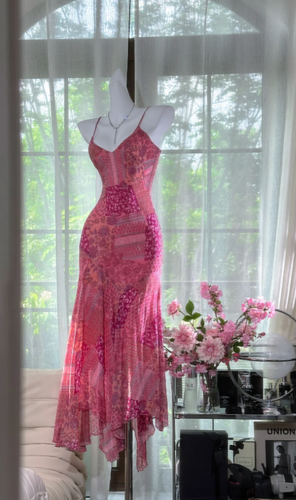 Unique Pink Spaghetti Straps Chiffon V Neck Mermaid Party Dress Long Prom Dress D978