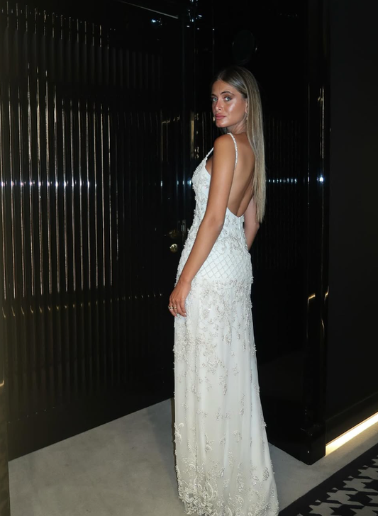 Exquisite A Line Spaghetti Strap Pearl Beaded White Tulle Prom Dress Wedding Guest Dress SH4721