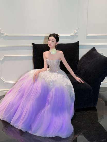 Stunning Ball Strapless Sequin Purple Tulle Long Prom Dress Party Dress SH4689