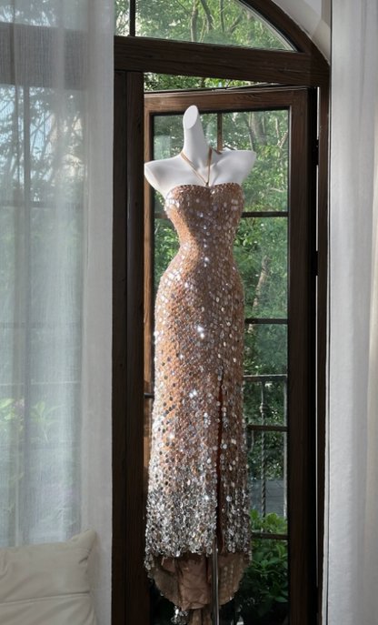 Gorgeous Halter Champagne Sequin Slit Mermaid Party Dress Long Evening Gown D1250