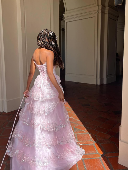 Princess A Line Sweetheart Neck Corset Appliques Pink Tulle Prom Dress Evening Dress SH2177