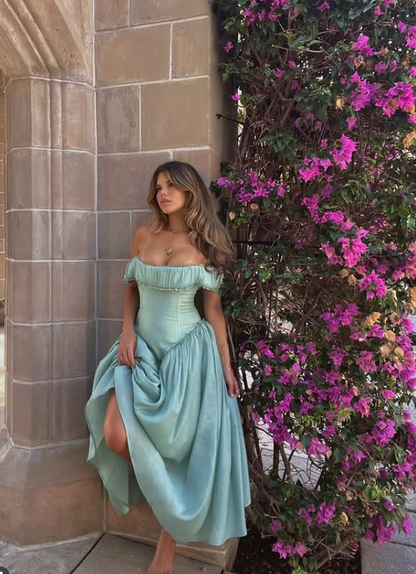 Gentle A Line Off the Shoulder Satin Long Prom Dress SH4574