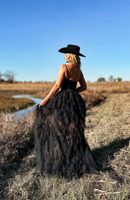 Sexy A Line Spaghetti Strap Corset Ruffle Lace Long Prom Dress Evening Dress with Slit SH2017