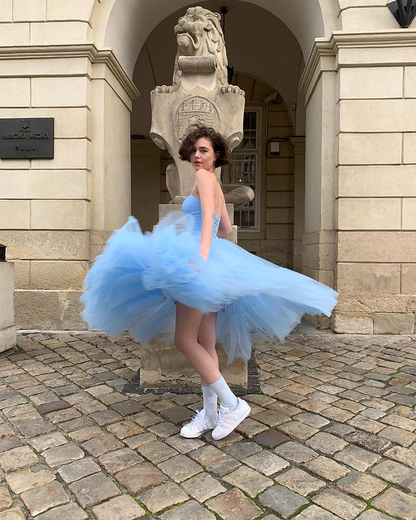 Cute A Line Strapless Blue Tea Length Prom Dress,Homecoming Dress SH593