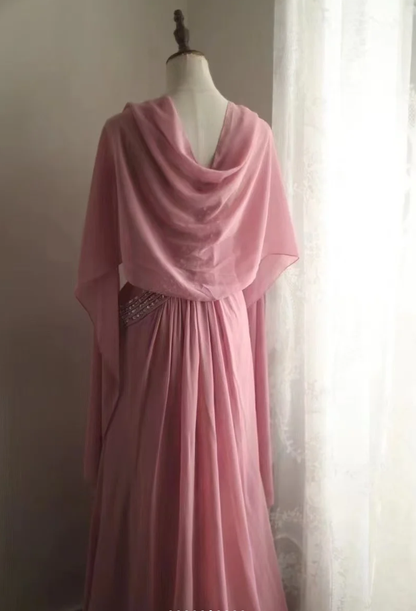 Fairy Pink Chiffon Sequin Beaded Mermaid Long Party Dress Birthday Evening Gown D2206
