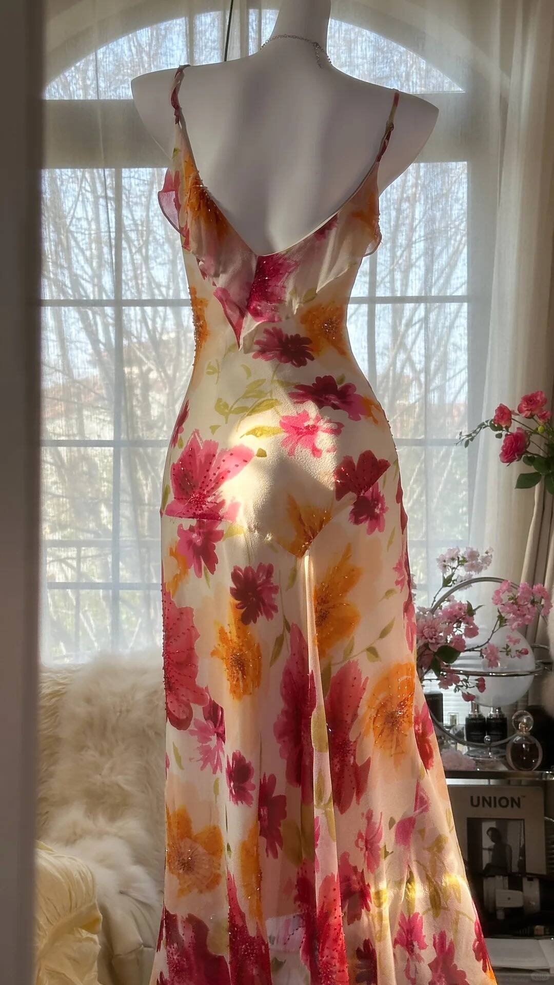 Flowy Mermaid Spaghetti Strap Print Flower Beaded Chiffon Party Dress SH3291