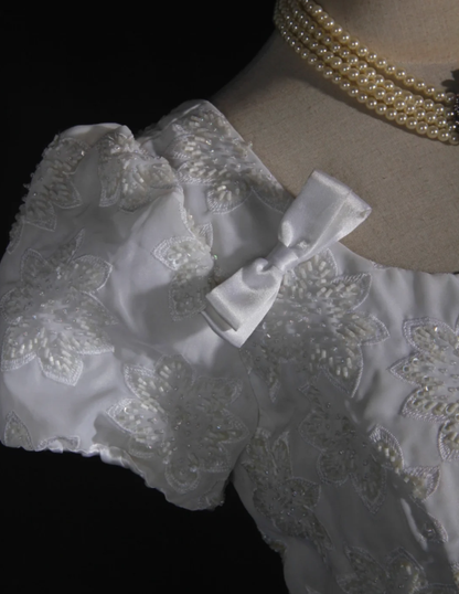 Pretty White Satin Beaded Floral Lace Ball Gown Formal Long Wedding Dress D2284