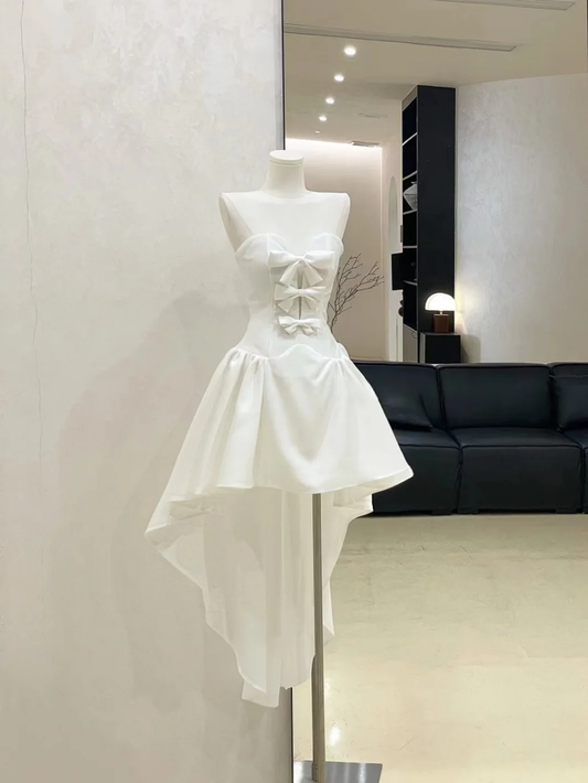 Simple White Strapless Hi-Low Party Dress Elegant Homecoming Dress With Bow S419