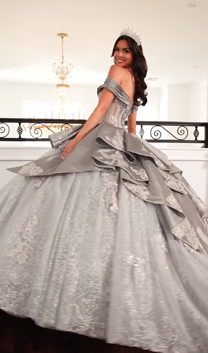 Silver Ball Gown Applique Lace Sequin Tulle Satin Long Prom Dress Quinceanera Dress SH5166