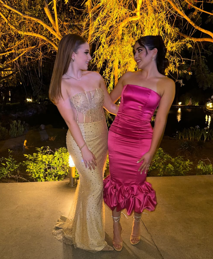 Cute Sheath Strapless Hot Pink Satin Prom Dress Graduation Prom Dress SH2472