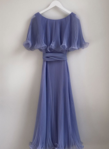 Gentle A Line Round Neck Blue Pleated Chiffon Long Evening Dress Party Dresses SH2905