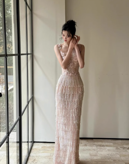 Exquisite Sheath Spaghetti Strap Beaded Tulle Prom Dress Evening Dress Party Dress SH4091