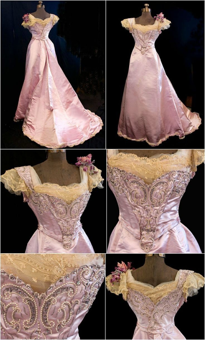 Retro Pink Lace Satin Mermaid Prom Dress Long Birthday Party Gown D1236