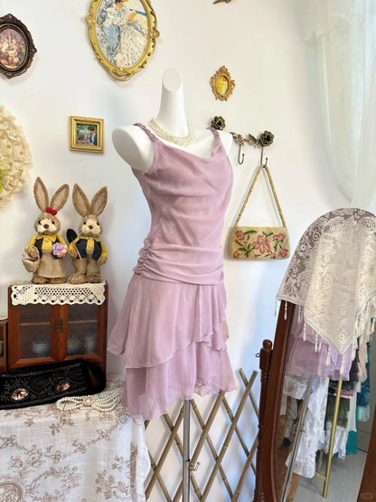 Elegant Spaghetti Straps Purple Chiffon Short Party Dress Formal Graduation Homecoming Dress D307