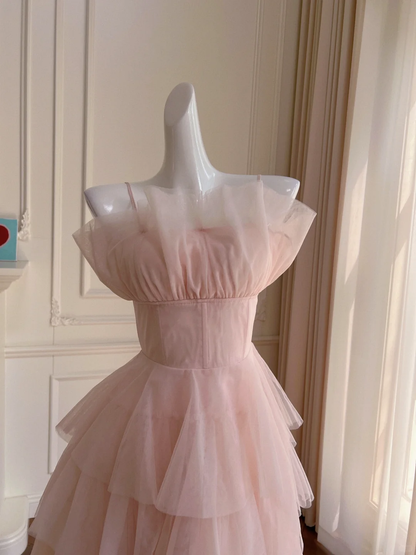 Elegant A Line Spaghetti Strap Layered Light Pink Tulle Short Homecoming Dress Cocktail Dress SH3007