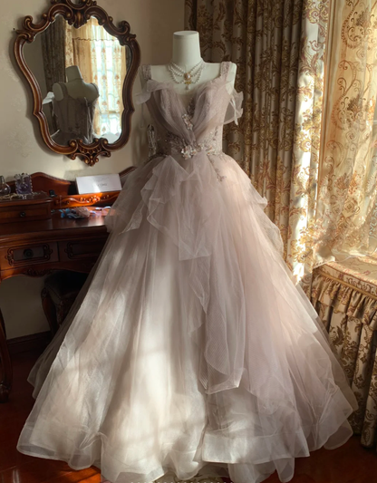 Charming Spaghetti Straps Light Pink V Neck Tulle Beaded Ball Gown Formal Long Birthday Party Dress D1774