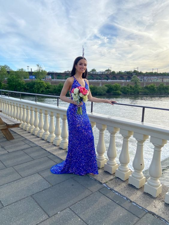 Shiny Royal Blue Sequins Mermaid Evening Dress Long Prom Dress SH987