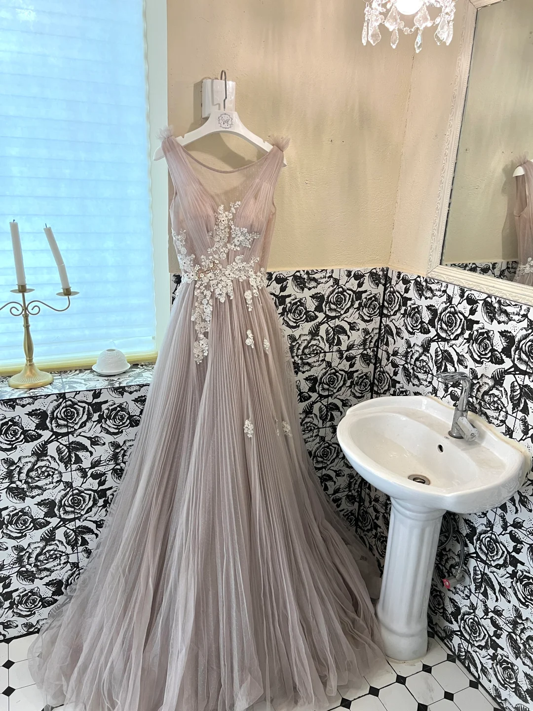 Dusty Rose Quartz A Line Round Neck White Appliques Tulle Long Party Dress Prom Dress Formal Dress SH3854
