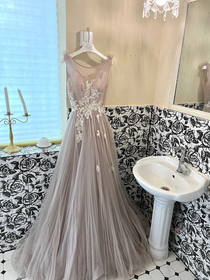 Dusty Rose Quartz A Line Round Neck White Appliques Tulle Long Party Dress Prom Dress Formal Dress SH3854