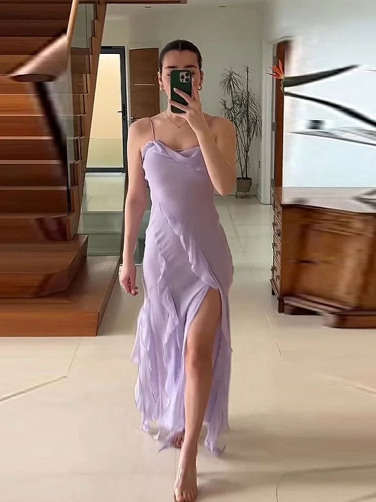 Elegant Ruffles Lavender Prom Dress Fashion Split Chiffon Party Dress SH1241