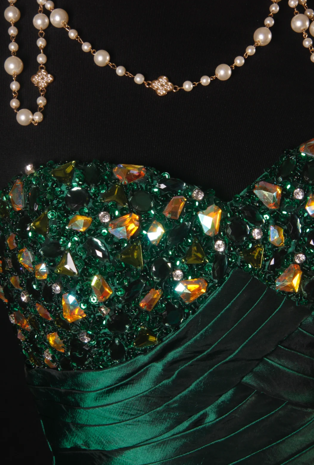 Elegant Emerald Green Strapless Satin Pleated Mermaid Long Party Dress Evening Dress With Beads D2215