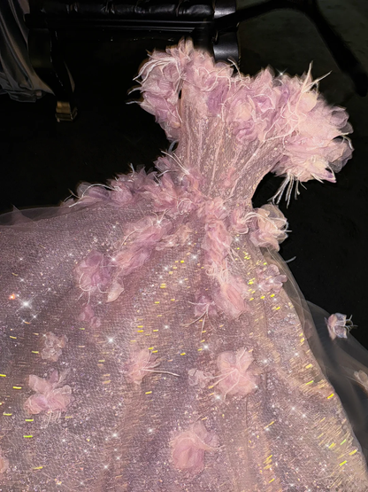 Princess A Line Off the Shoulder Pink Feather Flower Sequin Prom Dress Evening Dress SH2976