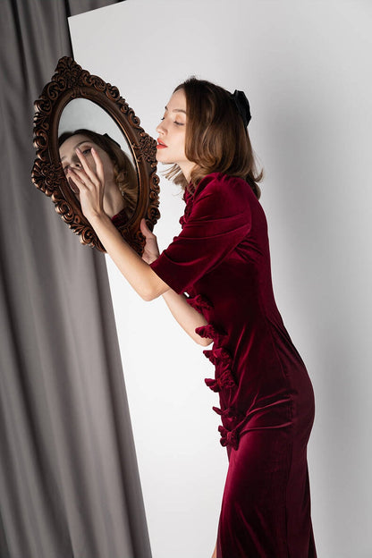 Half Sleeves Burgundy Velvet Midi Dress
