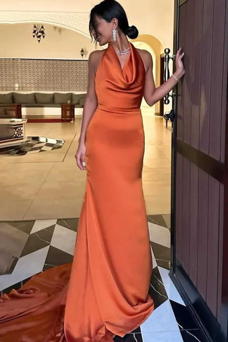 Halter Backless Mermaid Party Prom Dress With Train