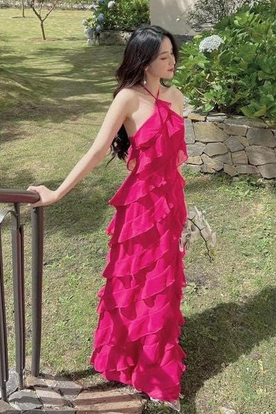 Halter Sleeveless A-Line Tiered Party Prom Dress